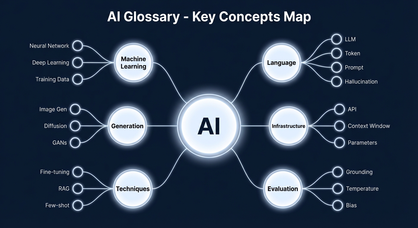 Visual concept map showing how key AI terms relate to each other, from algorithms to zero-shot learning
