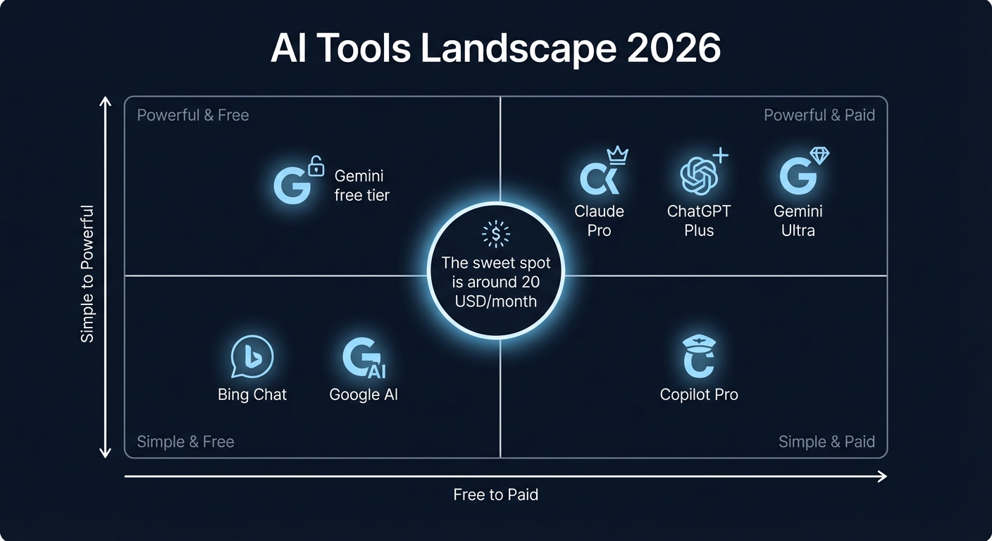 Infographic mapping the AI tool landscape across four categories: text, image, code, and video AI