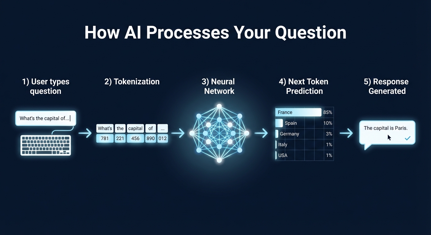 Infographic showing how an LLM processes a question through tokenization, pattern matching, and next-token prediction