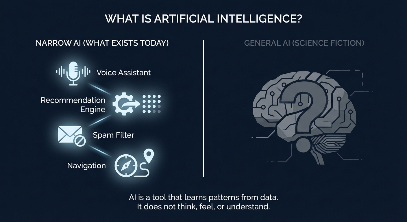 Infographic showing the spectrum from narrow AI to general AI, with examples of current AI applications